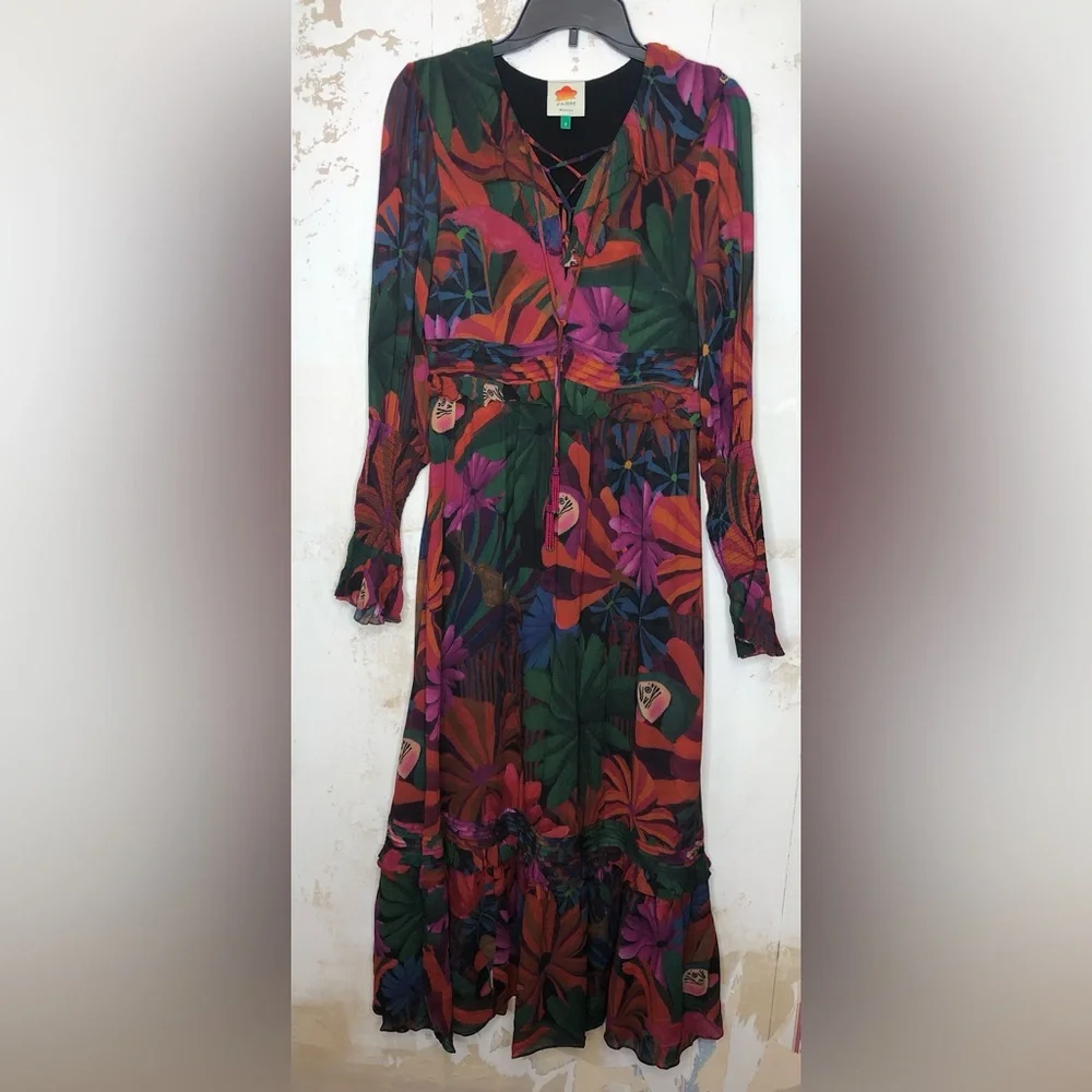 Farm, Rio Bird flowers long sleeve V-neck maxi dress, size small - Picture 3 of 15
